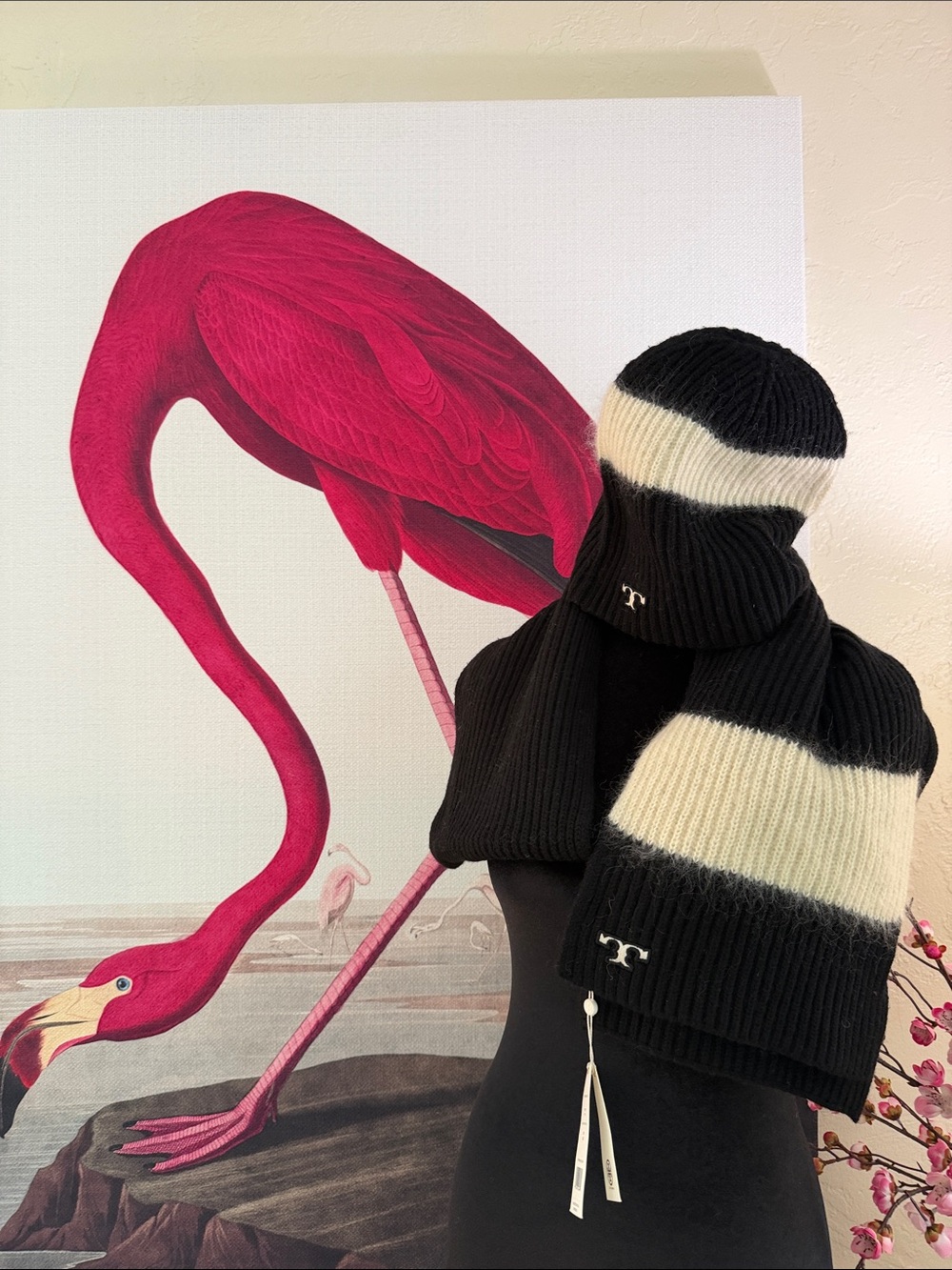 Tory Burch Black & Cream Rib-Knit Scarf and Beanie Set